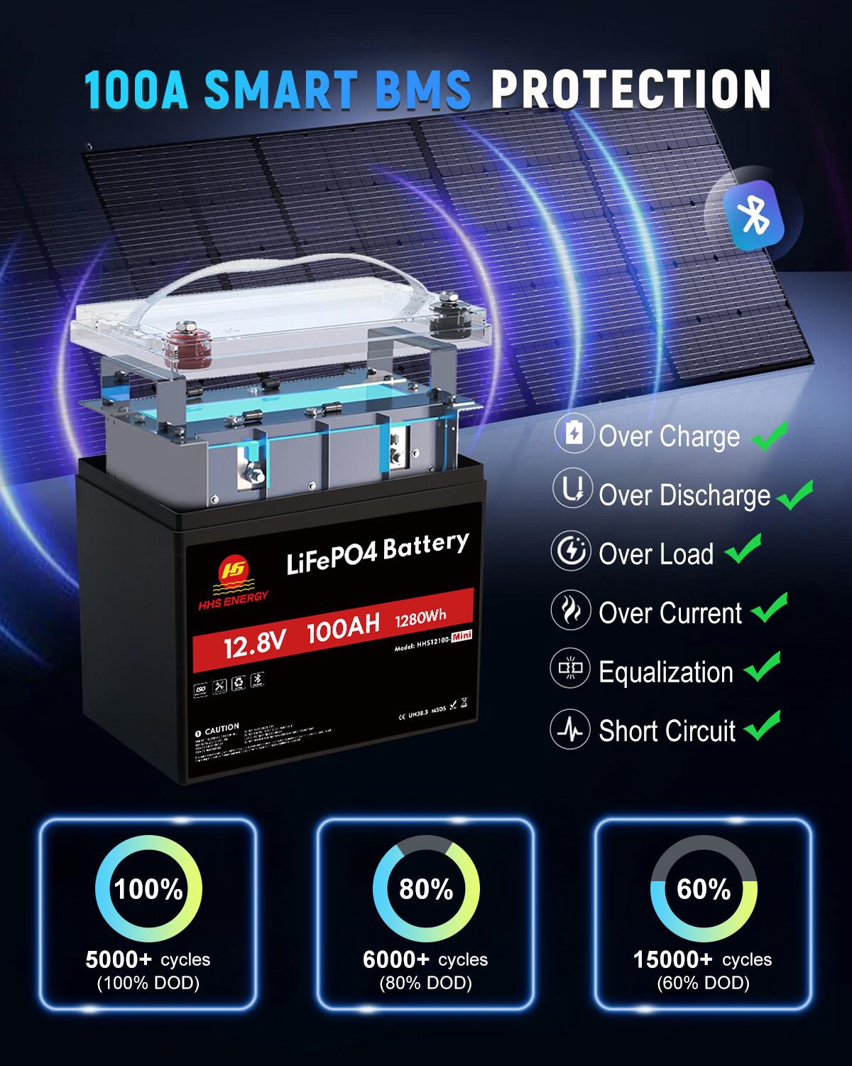 Mini 12V 100Ah Bluetooth BMS LiFePO4 Lithium Battery Deep Cycle For RV Marine
