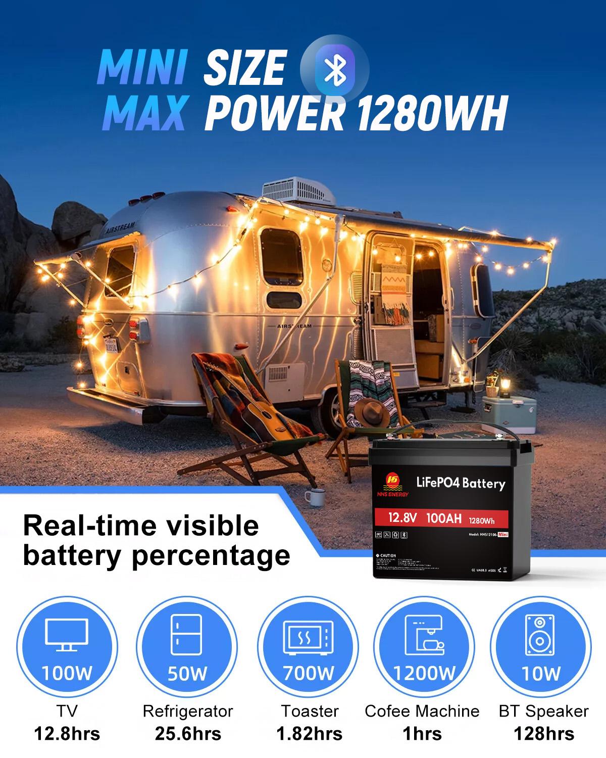 Mini 12V 100Ah Bluetooth BMS LiFePO4 Lithium Battery Deep Cycle For RV Marine