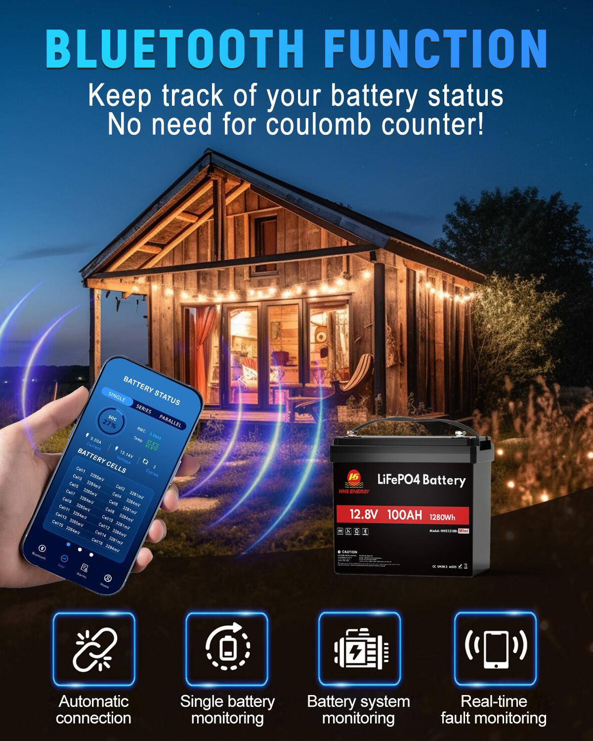 Mini 12V 100Ah Bluetooth BMS LiFePO4 Lithium Battery Deep Cycle For RV Marine